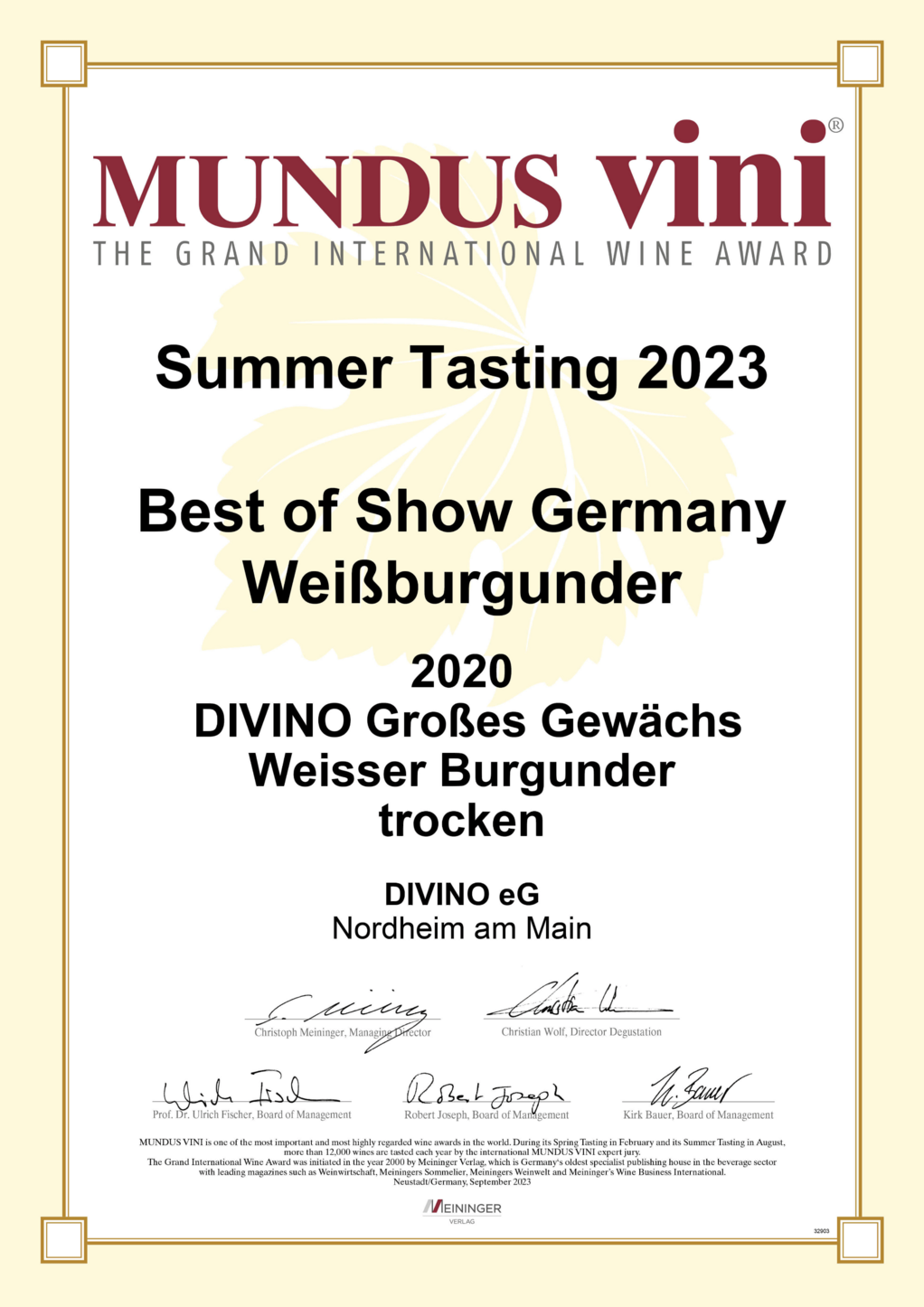 Auszeichnung „Best of Show Germany Weißburgunder“ für Divino beim Mundus Vini Summer Tasting 2023.